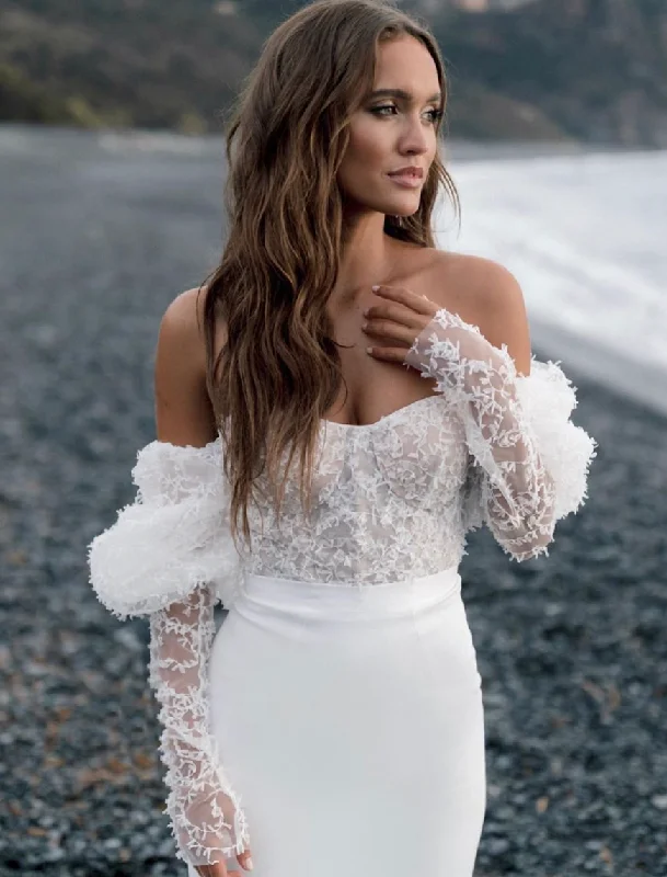 Long Train Wedding Dresses with Crystal Buttons and Lace Trim for a Grand EntranceRime Arodaky Lumi Long Train Wedding Dresses with Crystal Buttons and Lace Trim for a Grand EntranceRime Arodaky Lumi