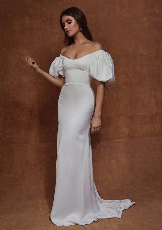 Off Shoulder Chiffon Wedding Dresses with Ruffled Hem for a Feminine TouchSarah Seven Elena Off Shoulder Chiffon Wedding Dresses with Ruffled Hem for a Feminine TouchSarah Seven Elena