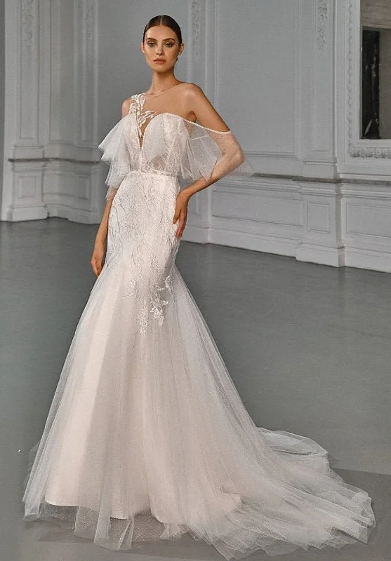 One Shoulder Wedding Dresses with Ruffled Sleeve for a Dramatic EffectShervina