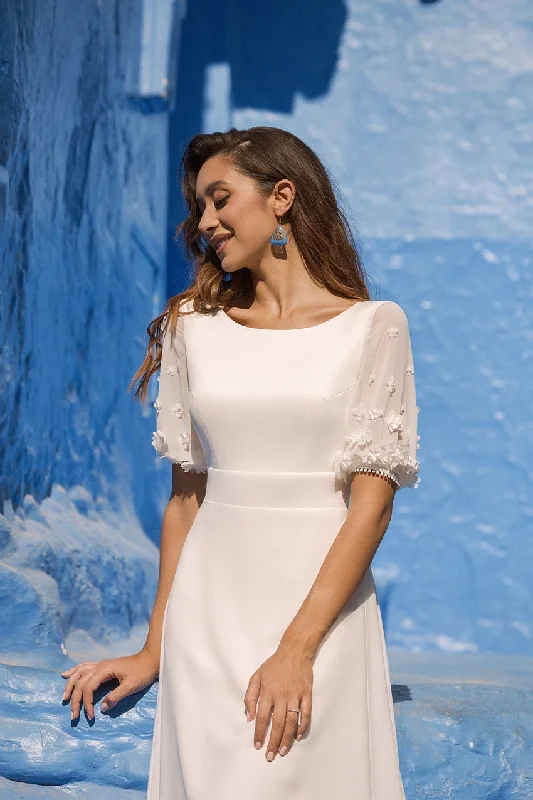 Wedding Dresses with Sequined Star Motifs and Sheer Sleeve and Ruffled Hem and Belt for a Celestial and Elegant LookBethany Wedding Dresses with Sequined Star Motifs and Sheer Sleeve and Ruffled Hem and Belt for a Celestial and Elegant LookBethany