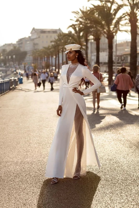 Wedding Dresses with Sequined Stripes and Sheer Back and Embroidered Birds and Belt and Embroidered Floral Patterns for a Bold and Nature Inspired LookCadi Wedding Dresses with Sequined Stripes and Sheer Back and Embroidered Birds and Belt and Embroidered Floral Patterns for a Bold and Nature Inspired LookCadi