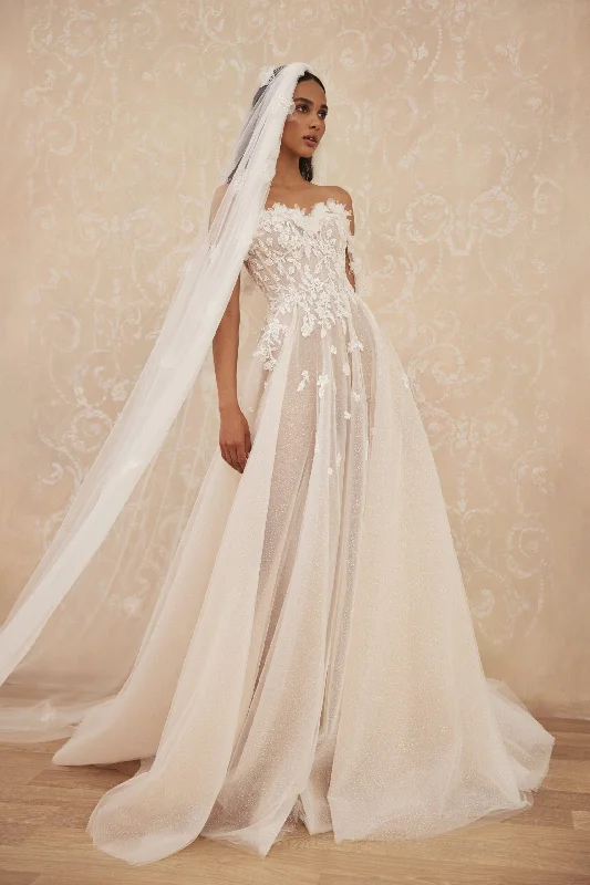 Wedding Dresses with Embroidered Stars and Sequined Dots and Sheer Sleeve and Belt and Embroidered Floral Patterns for a Celestial and Playful LookOrion Wedding Dresses with Embroidered Stars and Sequined Dots and Sheer Sleeve and Belt and Embroidered Floral Patterns for a Celestial and Playful LookOrion