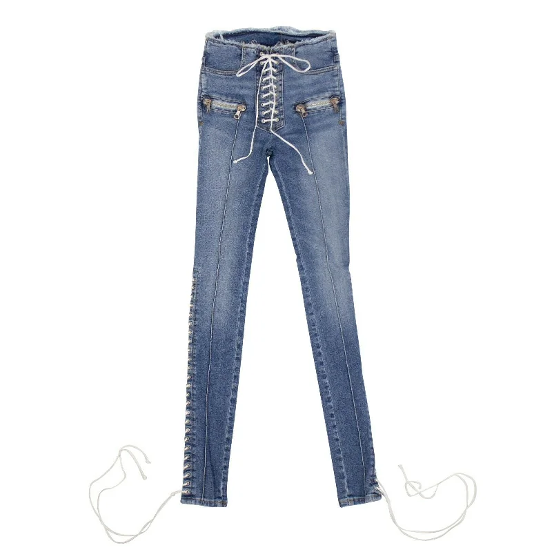 Denim jeans for a maximalist style with lots of layers and embellishmentsUnravel Project Denim Cotton Lace Up Skinny Jeans Pants - Blue Denim jeans for a maximalist style with lots of layers and embellishmentsUnravel Project Denim Cotton Lace Up Skinny Jeans Pants - Blue