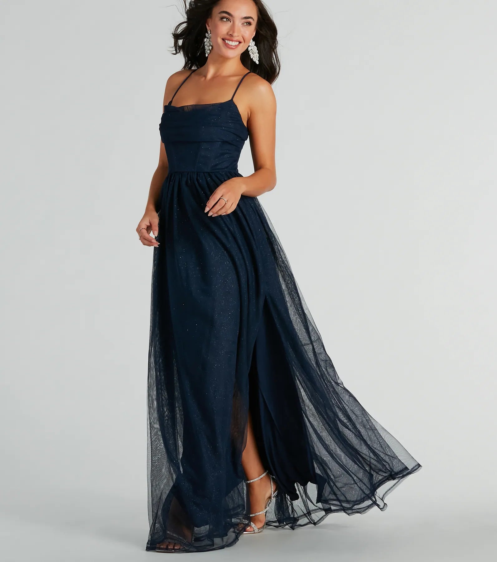 Party Dresses with Pleated Skirts and Lace Overlay for Ladies' Feminine and Timeless LookAidy Lace-Up A-Line Glitter Tulle Ball Bown Party Dresses with Pleated Skirts and Lace Overlay for Ladies' Feminine and Timeless LookAidy Lace-Up A-Line Glitter Tulle Ball Bown