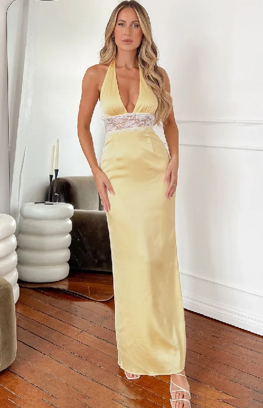 Party Dresses with Embroidered Floral Patterns and Tassel Hem for Ladies' Bohemian and Feminine LookArli Yellow Lace Maxi Dress Party Dresses with Embroidered Floral Patterns and Tassel Hem for Ladies' Bohemian and Feminine LookArli Yellow Lace Maxi Dress
