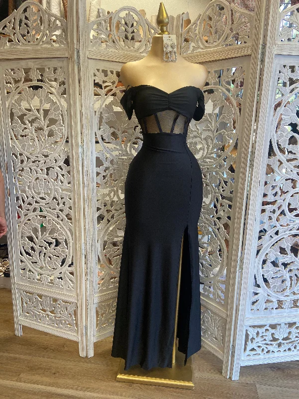 Party Dresses with Metallic Sequined Bodice and Chiffon Skirt and Sheer Back for Ladies' Glamorous and Sexy LookBlack Corset Mesh Formal Dress Party Dresses with Metallic Sequined Bodice and Chiffon Skirt and Sheer Back for Ladies' Glamorous and Sexy LookBlack Corset Mesh Formal Dress