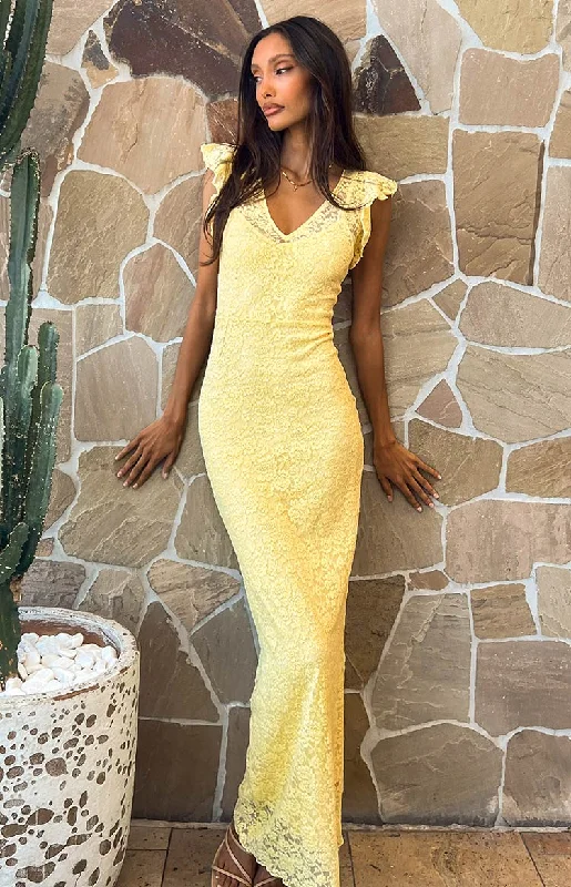 Party Dresses with Satin and Lace Trimmed Neckline and Ruffled Sleeves for Ladies' Sophisticated and Girly LookBlake Yellow Lace Maxi Dress Party Dresses with Satin and Lace Trimmed Neckline and Ruffled Sleeves for Ladies' Sophisticated and Girly LookBlake Yellow Lace Maxi Dress