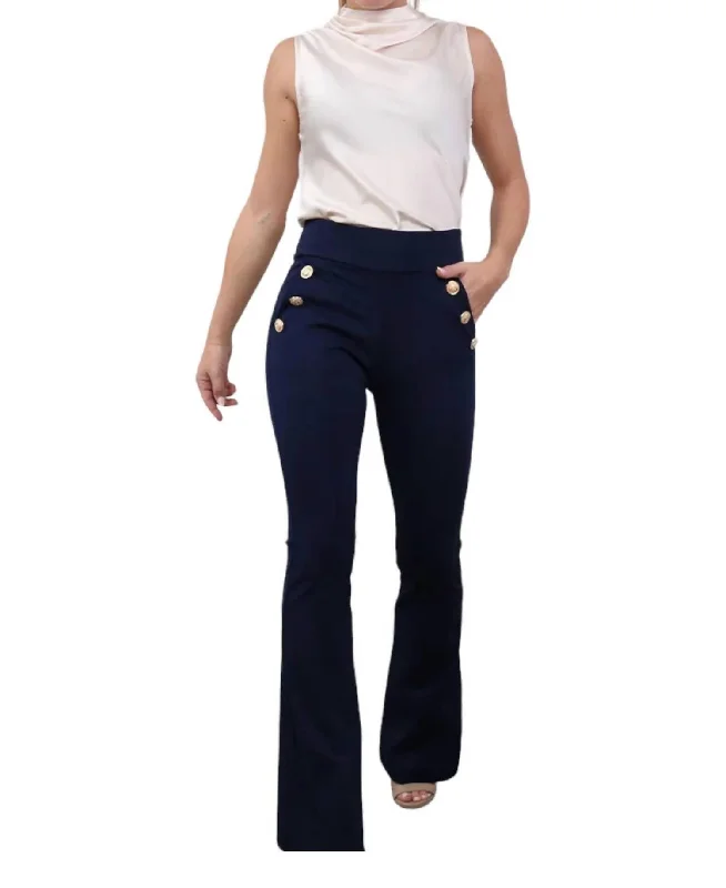 High waisted bootcut pants with belt loops for women in a flattering and adjustable styleButton Ponte Pants In Navy High waisted bootcut pants with belt loops for women in a flattering and adjustable styleButton Ponte Pants In Navy