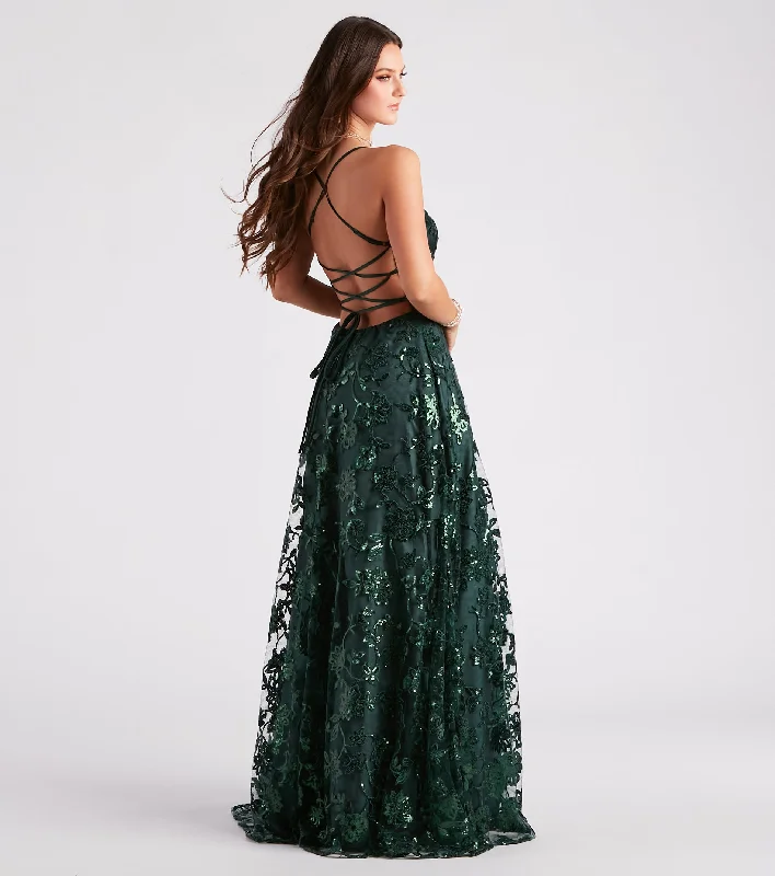 Lace Trimmed Party Dresses with Bow Back for Ladies' Dainty and Feminine LookCameron Sequin Embroidered A-Line Formal Dress Lace Trimmed Party Dresses with Bow Back for Ladies' Dainty and Feminine LookCameron Sequin Embroidered A-Line Formal Dress