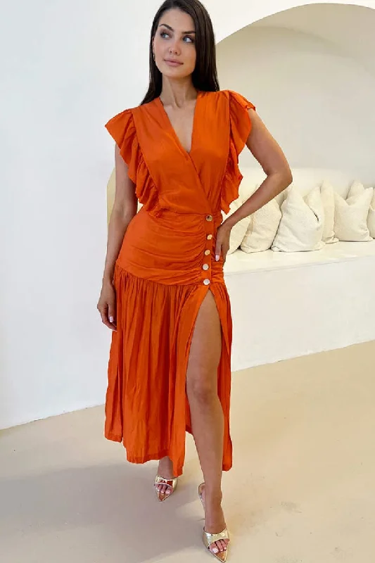 Party Dresses with Sequined Stripes and Sheer Back for Ladies' Bold and Sexy LookCamille Orange Frill Shoulder Dress Party Dresses with Sequined Stripes and Sheer Back for Ladies' Bold and Sexy LookCamille Orange Frill Shoulder Dress