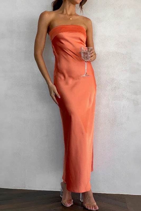 Tiered Party Dresses with Floral Applique for Ladies' Garden PartiesDanetta Orange Satin Bandeau Dress Tiered Party Dresses with Floral Applique for Ladies' Garden PartiesDanetta Orange Satin Bandeau Dress