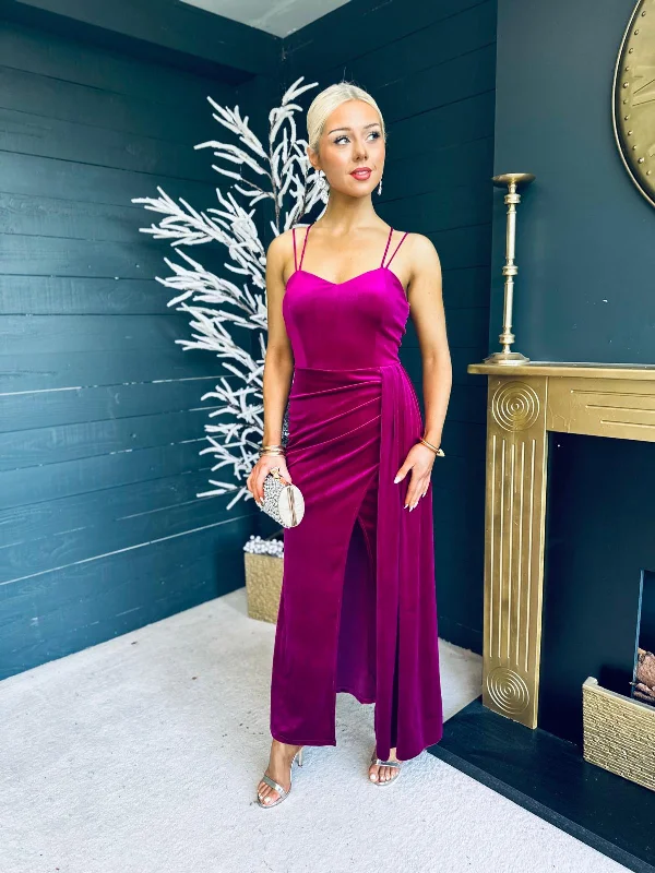 Party Dresses with Sheer Sleeve and Sequined Cuffs and Bow at the Waist and Embroidered Skirt for Ladies' Elegant and Intricate LookDanise Velvet Detail Dress Magenta Party Dresses with Sheer Sleeve and Sequined Cuffs and Bow at the Waist and Embroidered Skirt for Ladies' Elegant and Intricate LookDanise Velvet Detail Dress Magenta