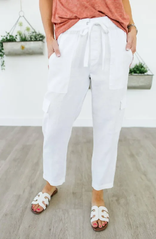 Linen blend cigarette pants for women in a breezy and modern styleDiscoverer Pull-On Cargo Pant In White