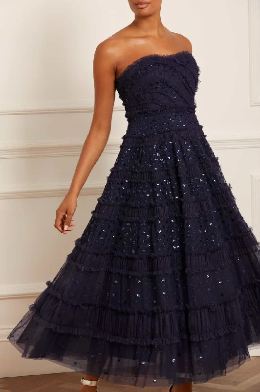 Elegant Long Sleeve Lace Party Dresses for Ladies' Formal EventsDot Shimmer Tiered Strapless Ankle Gown Elegant Long Sleeve Lace Party Dresses for Ladies' Formal EventsDot Shimmer Tiered Strapless Ankle Gown
