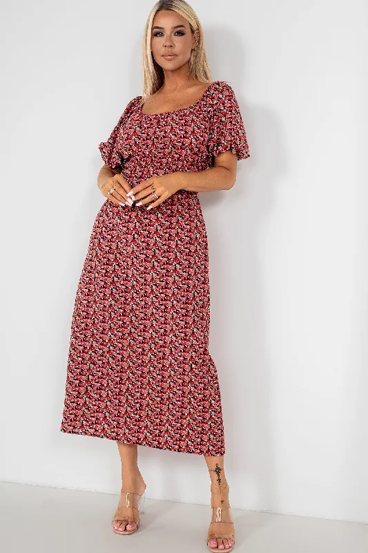 Party Dresses with Beaded Floral Wreath on the Bodice and Tulle Skirt for Ladies' Delicate and Festive LookDrew Red Floral Dress Party Dresses with Beaded Floral Wreath on the Bodice and Tulle Skirt for Ladies' Delicate and Festive LookDrew Red Floral Dress
