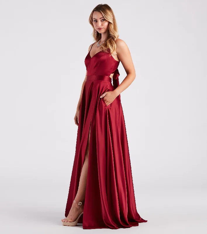 Party Dresses with Embroidered Tribal Patterns and Satin Sash for Ladies' Cultural and Stylish LookEmilie Formal Satin A-Line Dress With Pockets Party Dresses with Embroidered Tribal Patterns and Satin Sash for Ladies' Cultural and Stylish LookEmilie Formal Satin A-Line Dress With Pockets