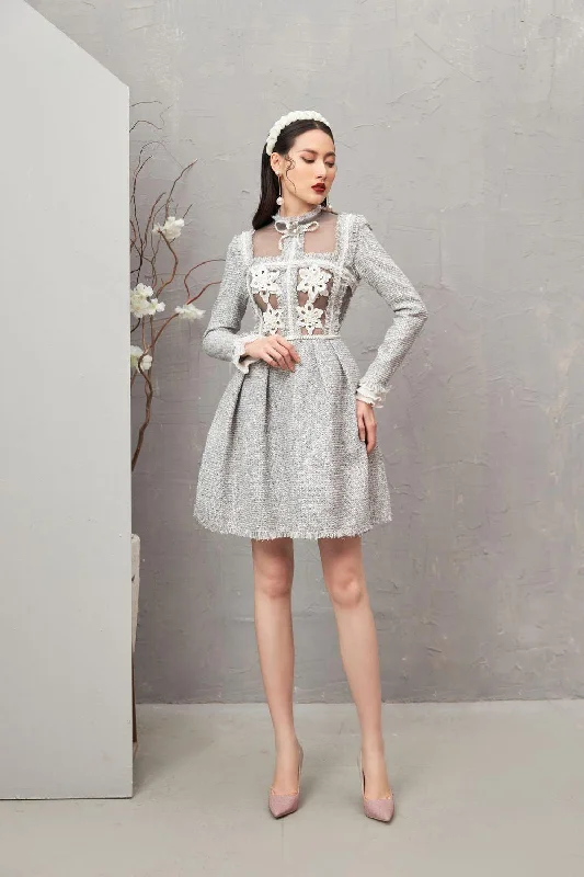Plunging Neckline Party Dresses with Sequined Trim for Ladies' Glamorous EventsEsther A-line Ruffled Tweed Mini Dress Plunging Neckline Party Dresses with Sequined Trim for Ladies' Glamorous EventsEsther A-line Ruffled Tweed Mini Dress