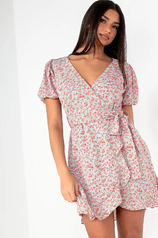 Party Dresses with Satin and Lace Trimmed Neckline and Ruffled Sleeves for Ladies' Sophisticated and Girly LookEverlee Red Ditsy Print Wrap Dress Party Dresses with Satin and Lace Trimmed Neckline and Ruffled Sleeves for Ladies' Sophisticated and Girly LookEverlee Red Ditsy Print Wrap Dress