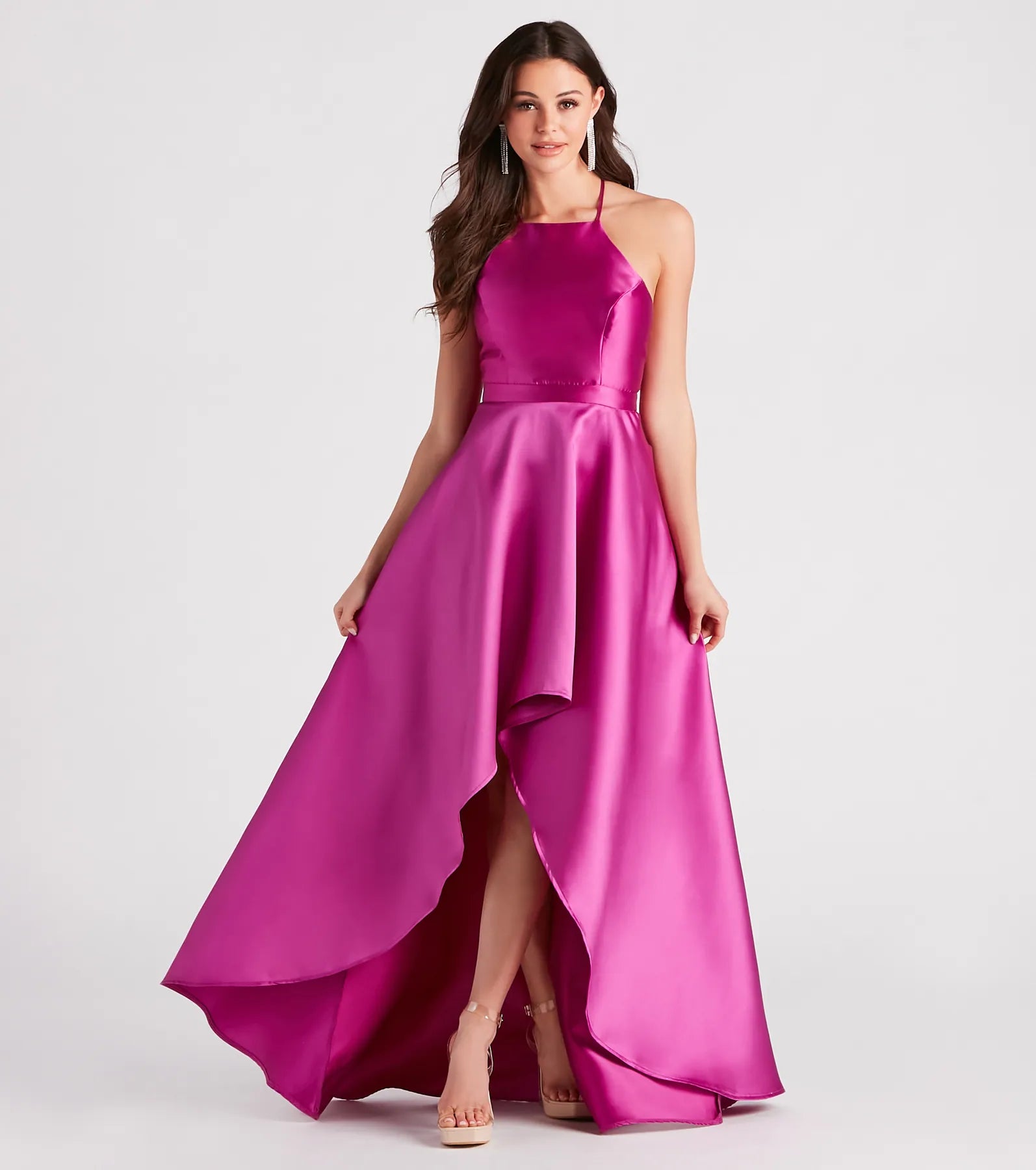 Party Dresses with Lace Insertions on the Skirt and Beaded Waistband for Ladies' Feminine and Glamorous LookGabbie Formal Satin Halter High-Low Dress Party Dresses with Lace Insertions on the Skirt and Beaded Waistband for Ladies' Feminine and Glamorous LookGabbie Formal Satin Halter High-Low Dress