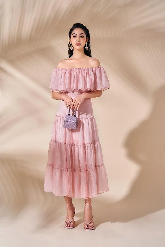 Party Dresses with Satin and Lace Trimmed Neckline and Ruffled Sleeves and Embroidered Skirt for Ladies' Sophisticated and Intricate LookGladiolus Tiered Off-Shoulder Organza Calf Length Dress Party Dresses with Satin and Lace Trimmed Neckline and Ruffled Sleeves and Embroidered Skirt for Ladies' Sophisticated and Intricate LookGladiolus Tiered Off-Shoulder Organza Calf Length Dress