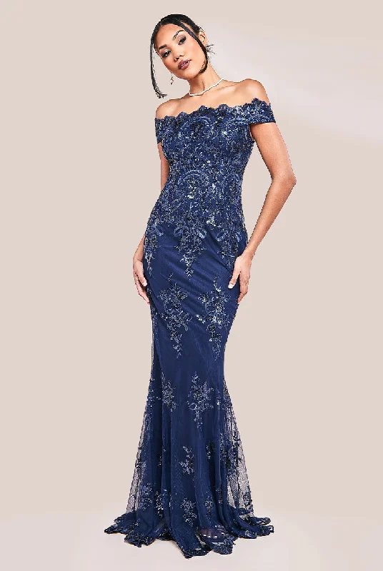Party Dresses with Ruffled Sleeves and High Neck for Ladies' Dramatic and Elegant LookGoddiva Bardot Sequin Embroidered Maxi Dress - Navy Party Dresses with Ruffled Sleeves and High Neck for Ladies' Dramatic and Elegant LookGoddiva Bardot Sequin Embroidered Maxi Dress - Navy