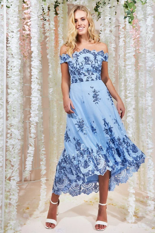 Party Dresses with Sequined Dots and Sheer Skirt for Ladies' Playful and Sultry LookGoddiva Bardot Sequin & Lace High Low Midi - Powderblue Party Dresses with Sequined Dots and Sheer Skirt for Ladies' Playful and Sultry LookGoddiva Bardot Sequin & Lace High Low Midi - Powderblue