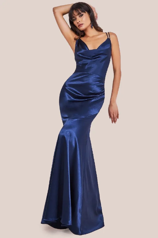 Tiered Party Dresses with Floral Applique for Ladies' Garden PartiesGoddiva Cowl Neck With Strappy Back Satin Maxi - Navy Tiered Party Dresses with Floral Applique for Ladies' Garden PartiesGoddiva Cowl Neck With Strappy Back Satin Maxi - Navy
