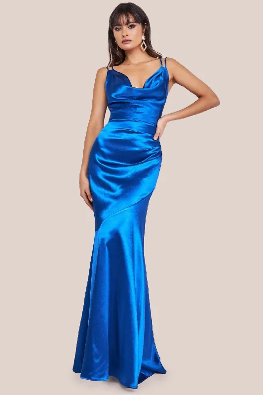 Bohemian Embroidered Party Dresses for Ladies' Beach PartiesGoddiva Cowl Neck With Strappy Back Satin Maxi - Royal Blue Bohemian Embroidered Party Dresses for Ladies' Beach PartiesGoddiva Cowl Neck With Strappy Back Satin Maxi - Royal Blue