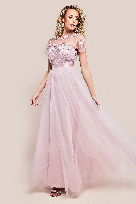 Party Dresses with Lace and Tulle Combo and Bow Accents for Ladies' Fairy Tale LookGoddiva Embroidered Mesh Maxi Dress - Blush Party Dresses with Lace and Tulle Combo and Bow Accents for Ladies' Fairy Tale LookGoddiva Embroidered Mesh Maxi Dress - Blush