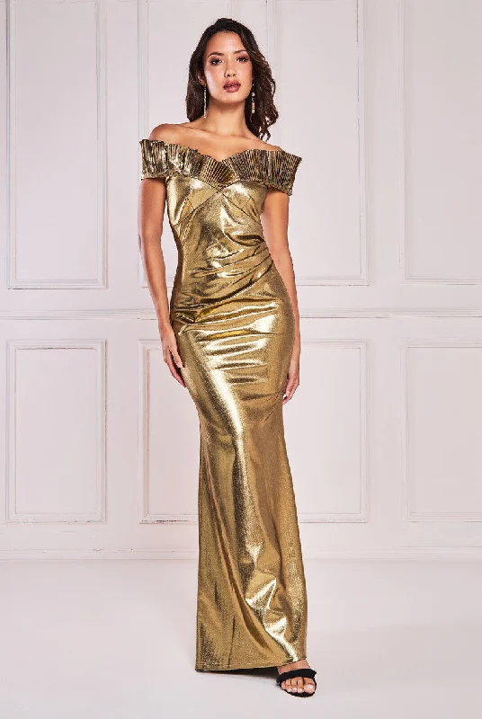 Party Dresses with Beaded Waistbands and Tiered Skirts for Ladies' Glamorous and Voluminous LookGoddiva Fan Pleated Bardot Scuba Crepe Maxi - Gold Party Dresses with Beaded Waistbands and Tiered Skirts for Ladies' Glamorous and Voluminous LookGoddiva Fan Pleated Bardot Scuba Crepe Maxi - Gold
