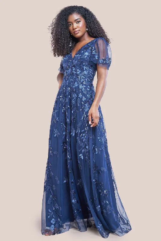 Party Dresses with Sequined Star Motifs and Sheer Sleeve for Ladies' Celestial and Elegant LookGoddiva Flared Sleeve Embroidered Maxi Dress - Navy Party Dresses with Sequined Star Motifs and Sheer Sleeve for Ladies' Celestial and Elegant LookGoddiva Flared Sleeve Embroidered Maxi Dress - Navy