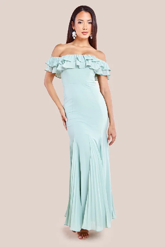 Puff Sleeve Party Dresses with Bell Bottom for Ladies' 80s Style PartyGoddiva Frilled Off The Shoulder Pleated Chiffon Maxi Dress - Sage Green Puff Sleeve Party Dresses with Bell Bottom for Ladies' 80s Style PartyGoddiva Frilled Off The Shoulder Pleated Chiffon Maxi Dress - Sage Green