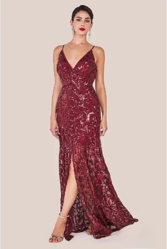 Party Dresses with Satin Trimmed Collar and Bow Back and Embroidered Skirt for Ladies' Classic and Intricate LookGoddiva Iridescent Sequin Maxi With Front Split - Burgundy Party Dresses with Satin Trimmed Collar and Bow Back and Embroidered Skirt for Ladies' Classic and Intricate LookGoddiva Iridescent Sequin Maxi With Front Split - Burgundy