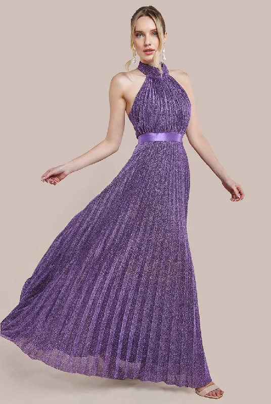 Party Dresses with Bell Sleeves and Ruffled Hem for Ladies' Retro CharmGoddiva Lurex Halterneck Pleated Maxi Dress - Purple Party Dresses with Bell Sleeves and Ruffled Hem for Ladies' Retro CharmGoddiva Lurex Halterneck Pleated Maxi Dress - Purple