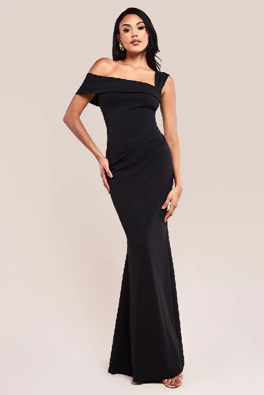 Party Dresses with Satin and Lace Trimmed Neckline and Ruffled Sleeves for Ladies' Sophisticated and Girly LookGoddiva Off The Shoulder Pleated Waist Maxi Dress - Black Party Dresses with Satin and Lace Trimmed Neckline and Ruffled Sleeves for Ladies' Sophisticated and Girly LookGoddiva Off The Shoulder Pleated Waist Maxi Dress - Black