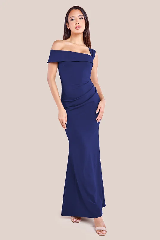 Party Dresses with Satin Trimmed Collar and Ruffled Hem for Ladies' Classic and Girly LookGoddiva Off The Shoulder Pleated Waist Maxi Dress - Navy Party Dresses with Satin Trimmed Collar and Ruffled Hem for Ladies' Classic and Girly LookGoddiva Off The Shoulder Pleated Waist Maxi Dress - Navy