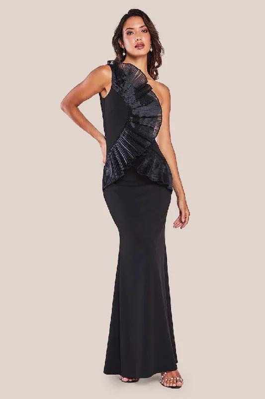Party Dresses with Embroidered Stars and Sequined Dots for Ladies' Celestial and Playful LookGoddiva One Shoulder Pleated Fan Maxi Dress - Black Party Dresses with Embroidered Stars and Sequined Dots for Ladies' Celestial and Playful LookGoddiva One Shoulder Pleated Fan Maxi Dress - Black