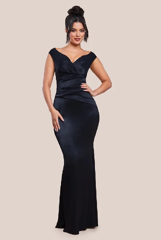 Satin Party Dresses with Floral Embroidery for Ladies' Romantic AppealGoddiva Satin Off The Shoulder Maxi Dress - Black Satin Party Dresses with Floral Embroidery for Ladies' Romantic AppealGoddiva Satin Off The Shoulder Maxi Dress - Black