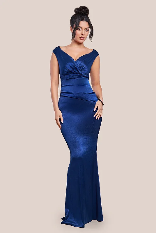 Party Dresses with Sequined Dots and Sheer Skirt for Ladies' Playful and Sultry LookGoddiva Satin Off The Shoulder Maxi Dress - Navy Party Dresses with Sequined Dots and Sheer Skirt for Ladies' Playful and Sultry LookGoddiva Satin Off The Shoulder Maxi Dress - Navy