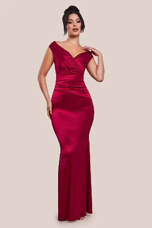 Party Dresses with Bell Sleeves and Ruffled Hem for Ladies' Retro CharmGoddiva Satin Off The Shoulder Maxi Dress - Wine Party Dresses with Bell Sleeves and Ruffled Hem for Ladies' Retro CharmGoddiva Satin Off The Shoulder Maxi Dress - Wine
