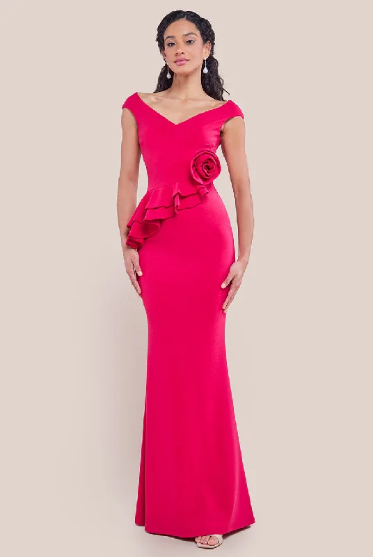 Mesh Paneled Party Dresses with Beaded Appliques for Ladies' Modern EdgeGoddiva Scuba Crepe Rose Frill Maxi Dress - Magenta Mesh Paneled Party Dresses with Beaded Appliques for Ladies' Modern EdgeGoddiva Scuba Crepe Rose Frill Maxi Dress - Magenta