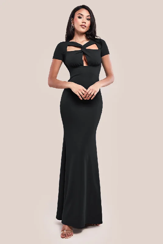 Party Dresses with Beaded Floral Wreath on the Bodice and High Low Hem for Ladies' Delicate and Dramatic LookGoddiva Scuba Crepe Twist Cutout Maxi Dress - Black Party Dresses with Beaded Floral Wreath on the Bodice and High Low Hem for Ladies' Delicate and Dramatic LookGoddiva Scuba Crepe Twist Cutout Maxi Dress - Black