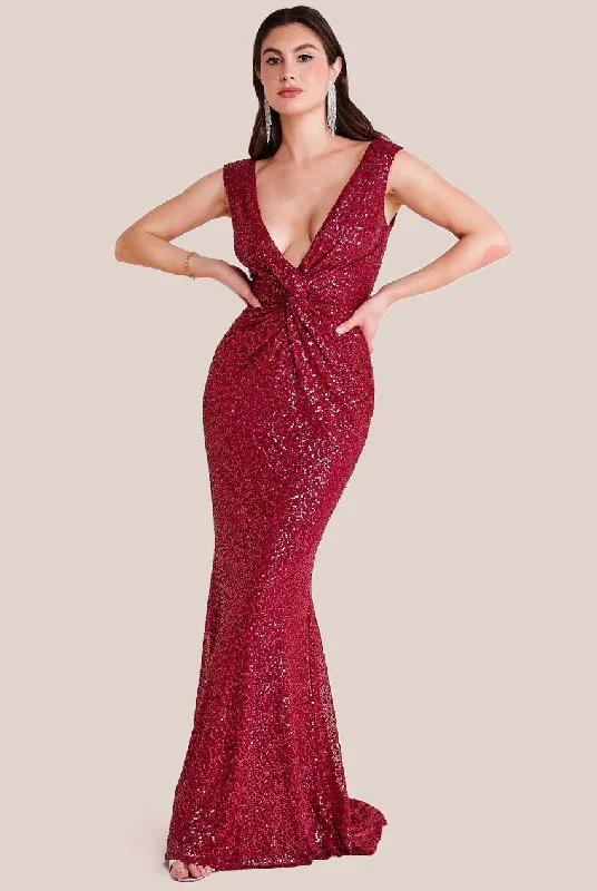 Halter Neck Party Dresses with Ruffled Hem for Ladies' Summer CelebrationsGoddiva Twisted Front Sequin Maxi - Burgundy Halter Neck Party Dresses with Ruffled Hem for Ladies' Summer CelebrationsGoddiva Twisted Front Sequin Maxi - Burgundy