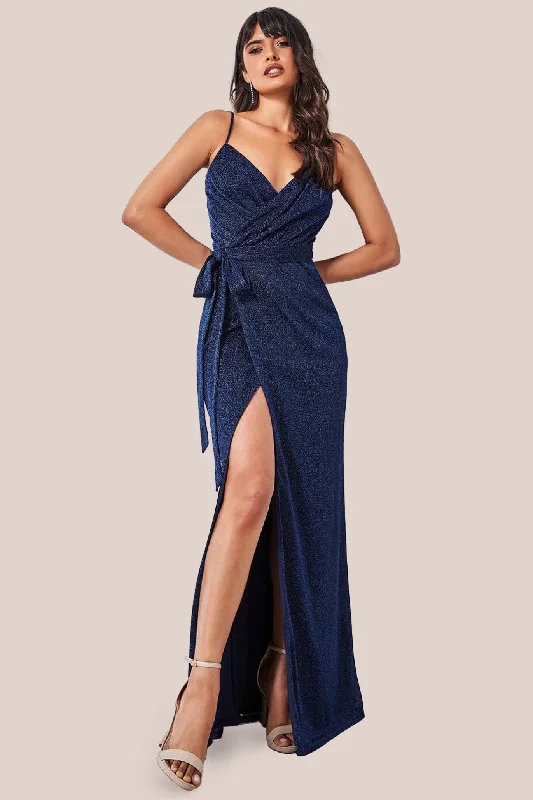 Party Dresses with Sheer Panels and Beaded Trim and Embroidered Paisley Patterns for Ladies' Sultry and Exotic LookWrap Style Spaghetti Strap Maxi With Split - Navy by Goddiva Party Dresses with Sheer Panels and Beaded Trim and Embroidered Paisley Patterns for Ladies' Sultry and Exotic LookWrap Style Spaghetti Strap Maxi With Split - Navy by Goddiva