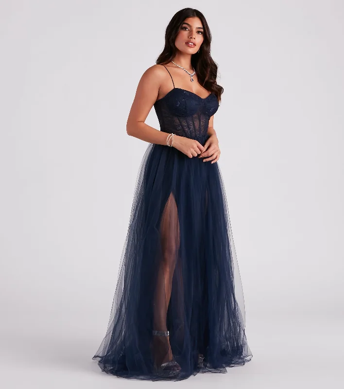 Party Dresses with Rhinestone Embellishments and Sheer Sleeves for Ladies' Luxurious and Alluring LookHailey Lace Bustier Tulle Formal Dress Party Dresses with Rhinestone Embellishments and Sheer Sleeves for Ladies' Luxurious and Alluring LookHailey Lace Bustier Tulle Formal Dress
