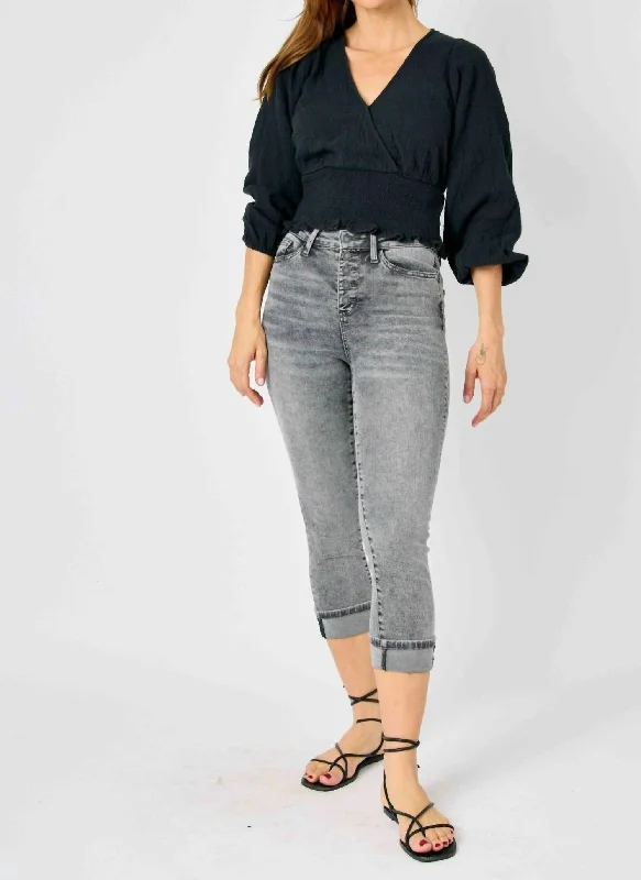 Culottes with pockets for women in functionalityHigh Waist Cuff Button Fly Capri In Grey Culottes with pockets for women in functionalityHigh Waist Cuff Button Fly Capri In Grey
