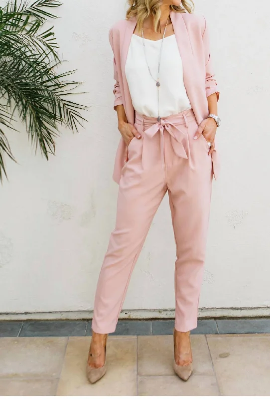Drawstring linen pants for women in a casual and breathable styleHigh Waist Tie Front Trouser In Blush Drawstring linen pants for women in a casual and breathable styleHigh Waist Tie Front Trouser In Blush