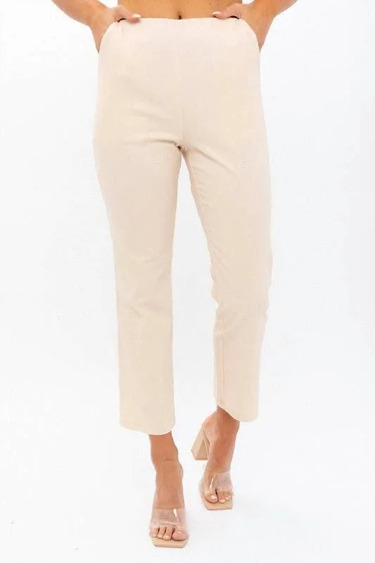 Elastic waist wide leg pants for plus size women in a comfortable and flattering styleHigh Waisted Crop Pant In Cream Elastic waist wide leg pants for plus size women in a comfortable and flattering styleHigh Waisted Crop Pant In Cream