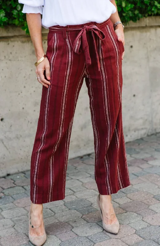 High waisted bootcut pants with belt loops for women in a flattering and adjustable styleInland Sashed Crop Pant In Henna Stripe High waisted bootcut pants with belt loops for women in a flattering and adjustable styleInland Sashed Crop Pant In Henna Stripe