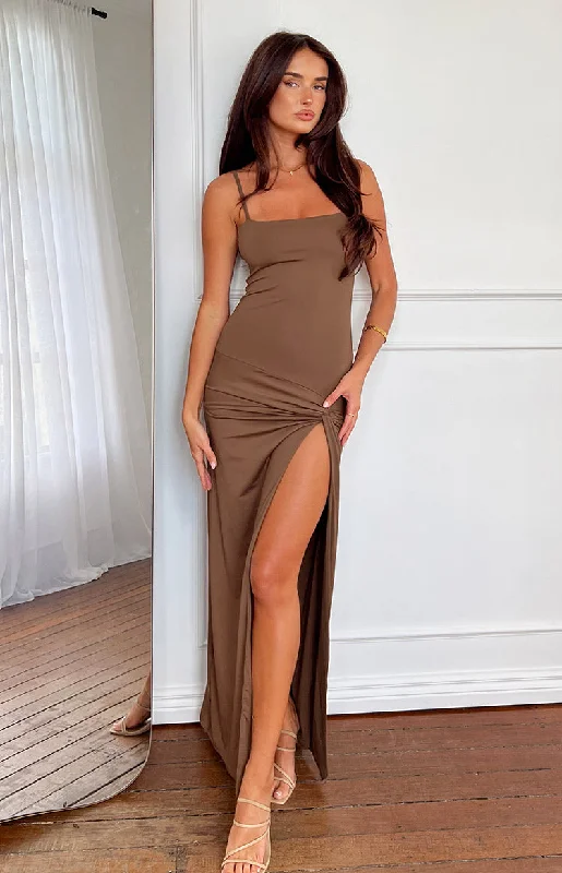 Party Dresses with Sheer Panels and Beaded Trim and Embroidered Paisley Patterns and Ruffled Hem for Ladies' Sultry and Exotic LookJacinta Brown Maxi Dress Party Dresses with Sheer Panels and Beaded Trim and Embroidered Paisley Patterns and Ruffled Hem for Ladies' Sultry and Exotic LookJacinta Brown Maxi Dress